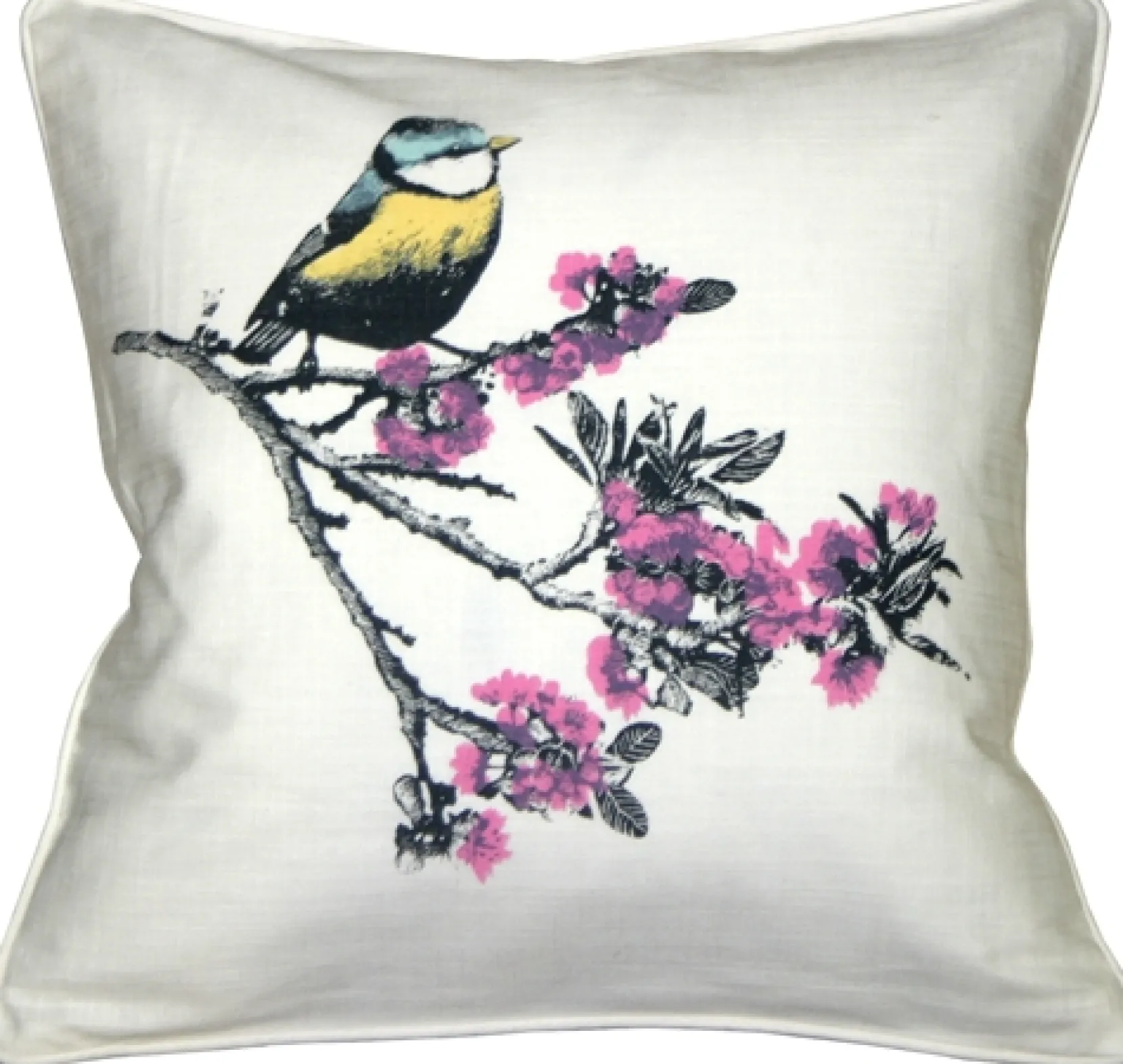 Bird on Cherry Blossom Branch 16x16 Throw Pillow