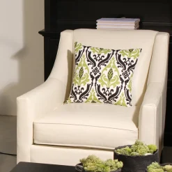 Linen Damask Print Green Black 16x16 Throw Pillow