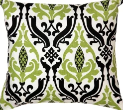 Linen Damask Print Green Black 16x16 Throw Pillow