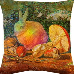 Mosaic Rabbit with Mushroom Throw Pillow